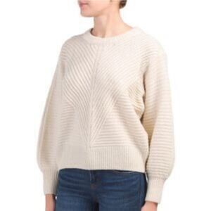 Christian Siriano Wool Blend Ribbed Crew Neck Cream Ivory Knit Sweater Size M